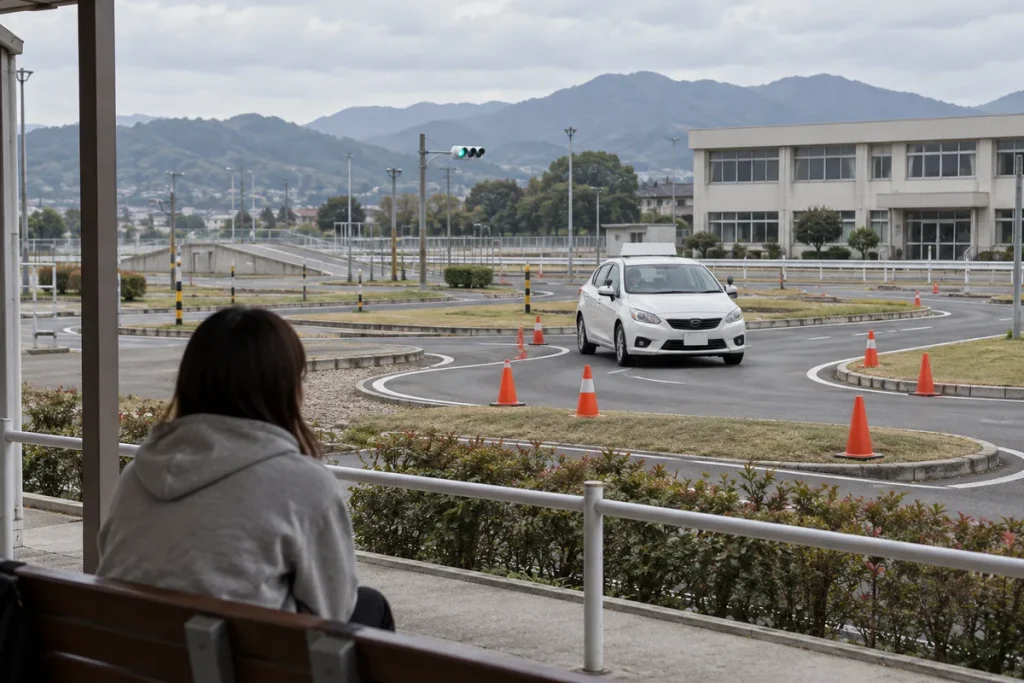 教習所の技能コースを走る教習車を待合スペースから見るイメージ