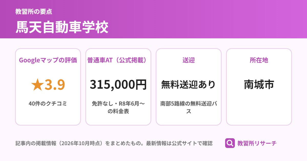 馬天自動車学校の要点(Googleマップの評価 ★3.9、普通車AT(公式掲載) 315,000円、送迎 無料送迎あり、所在地 南城市)