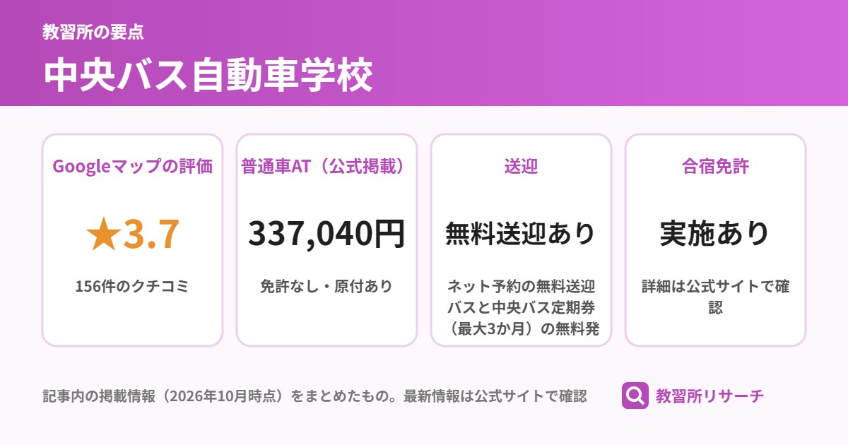 中央バス自動車学校の要点(Googleマップの評価 ★3.7、普通車AT(公式掲載) 337,040円、送迎 無料送迎あり、合宿免許 実施あり)