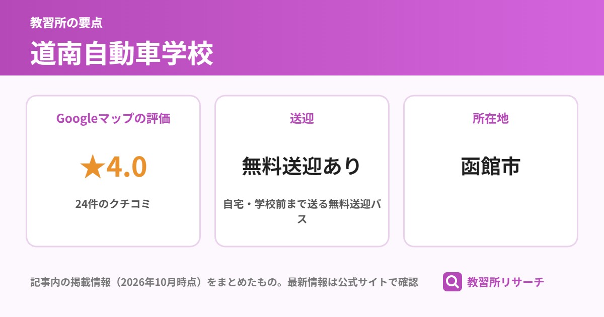 道南自動車学校の要点(Googleマップの評価 ★4.0、送迎 無料送迎あり、所在地 函館市)