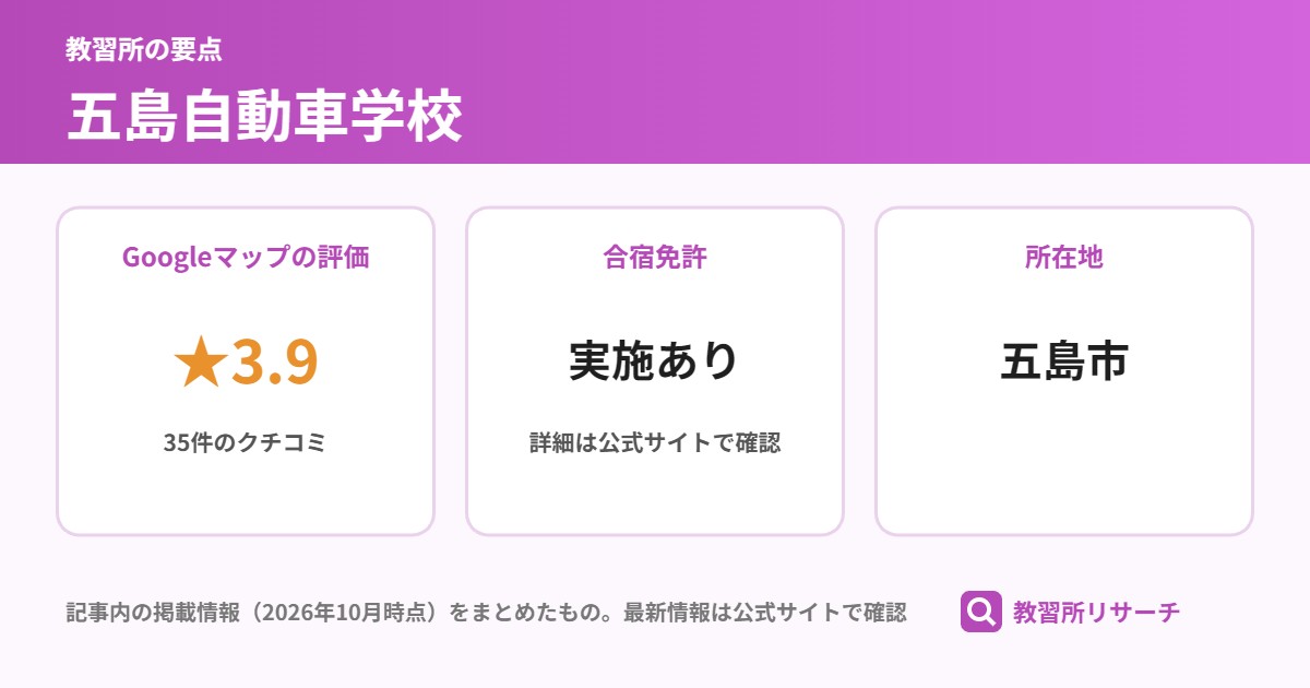 五島自動車学校の要点（Googleマップの評価 ★3.9、合宿免許 実施あり、所在地 五島市）