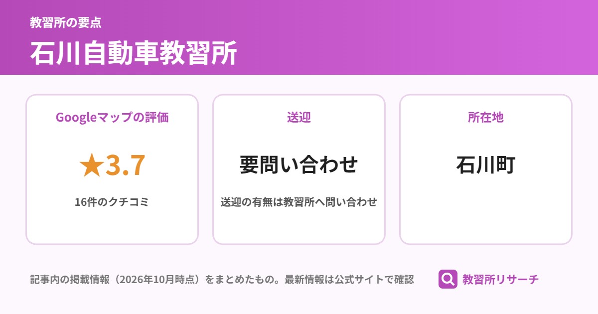 石川自動車教習所の要点（Googleマップの評価 ★3.7、送迎 要問い合わせ、所在地 石川町）