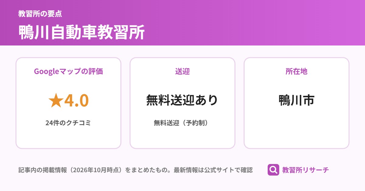 鴨川自動車教習所の要点（Googleマップの評価 ★4.0、送迎 無料送迎あり、所在地 鴨川市）