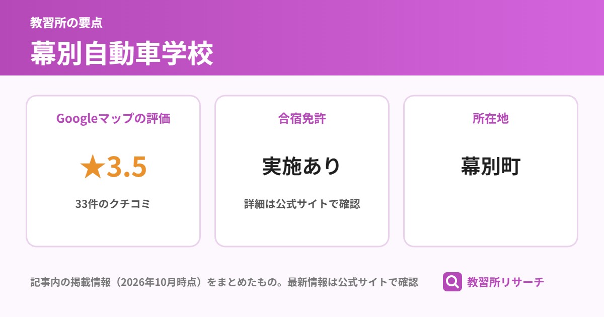 幕別自動車学校の要点(Googleマップの評価 ★3.5、合宿免許 実施あり、所在地 幕別町)