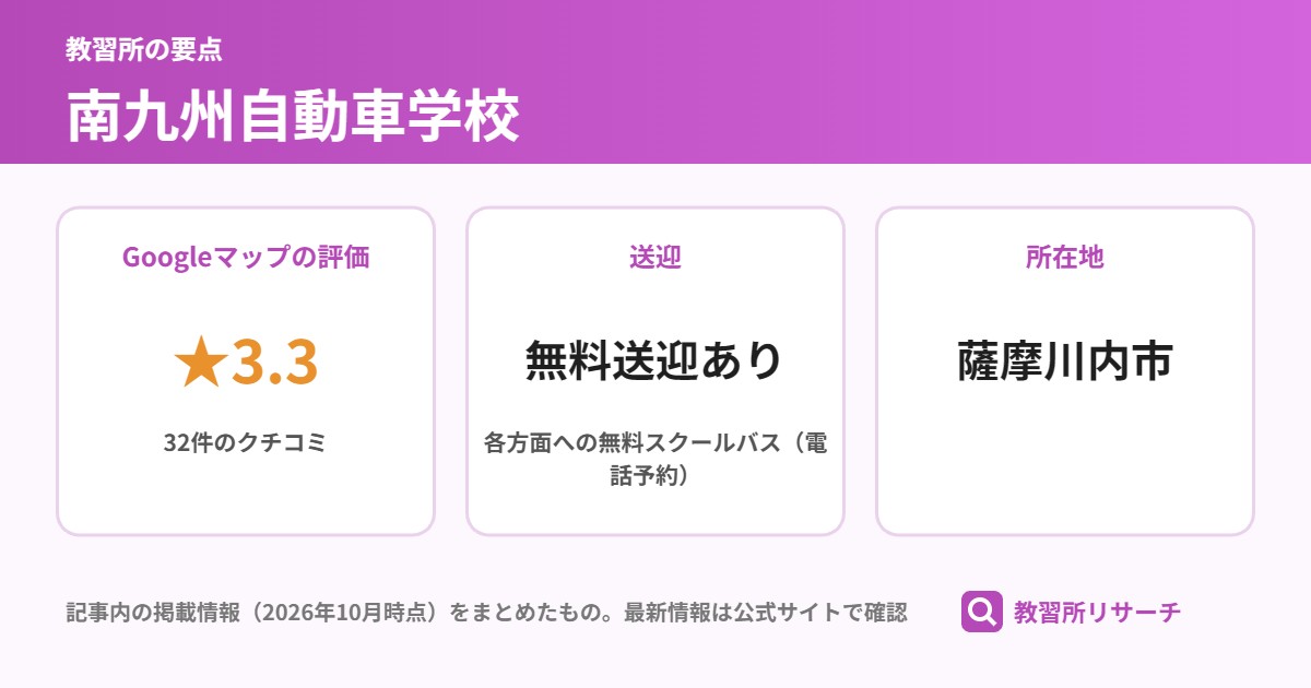 南九州自動車学校の要点(Googleマップの評価 ★3.3、送迎 無料送迎あり、所在地 薩摩川内市)