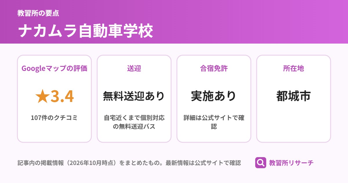 ナカムラ自動車学校の要点（Googleマップの評価 ★3.4、送迎 無料送迎あり、合宿免許 実施あり、所在地 都城市）