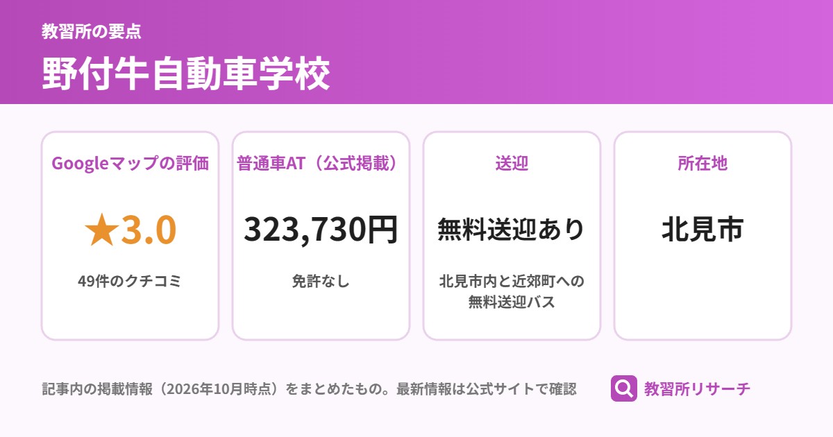 野付牛自動車学校の要点(Googleマップの評価 ★3.0、普通車AT(公式掲載) 323,730円、送迎 無料送迎あり、所在地 北見市)