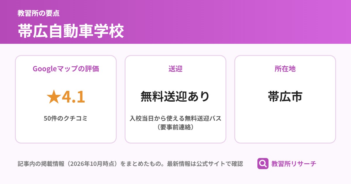 帯広自動車学校の要点(Googleマップの評価 ★4.1、送迎 無料送迎あり、所在地 帯広市)