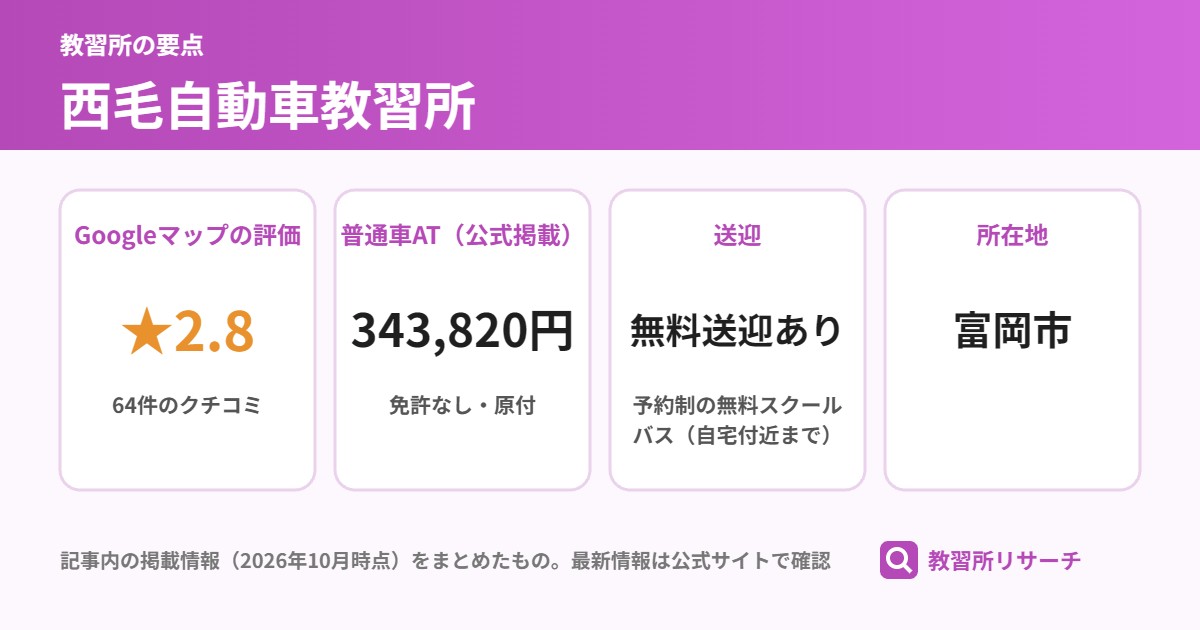 西毛自動車教習所の要点（Googleマップの評価・普通車AT・送迎・所在地）