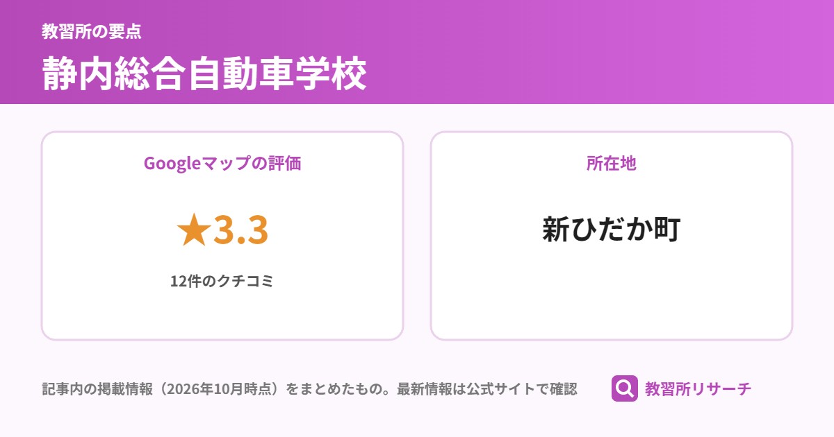 静内総合自動車学校の要点（Googleマップの評価 ★3.3、所在地 新ひだか町）
