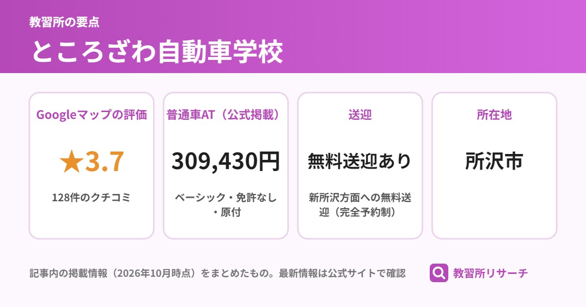 ところざわ自動車学校の要点（Googleマップの評価・普通車AT・送迎・所在地）