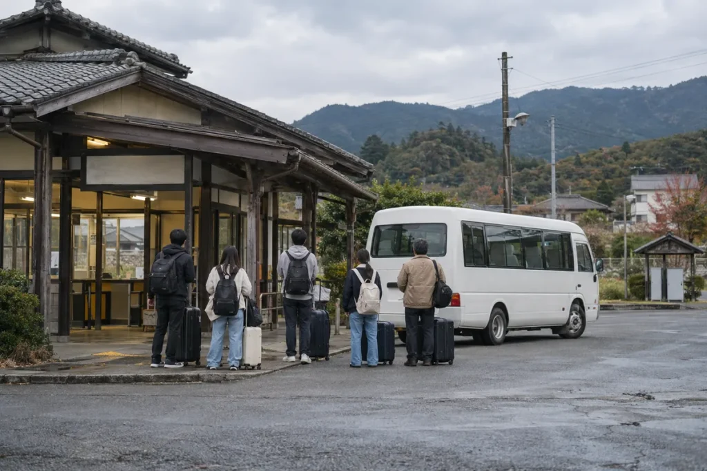 地方の駅前で送迎を待つ人たち