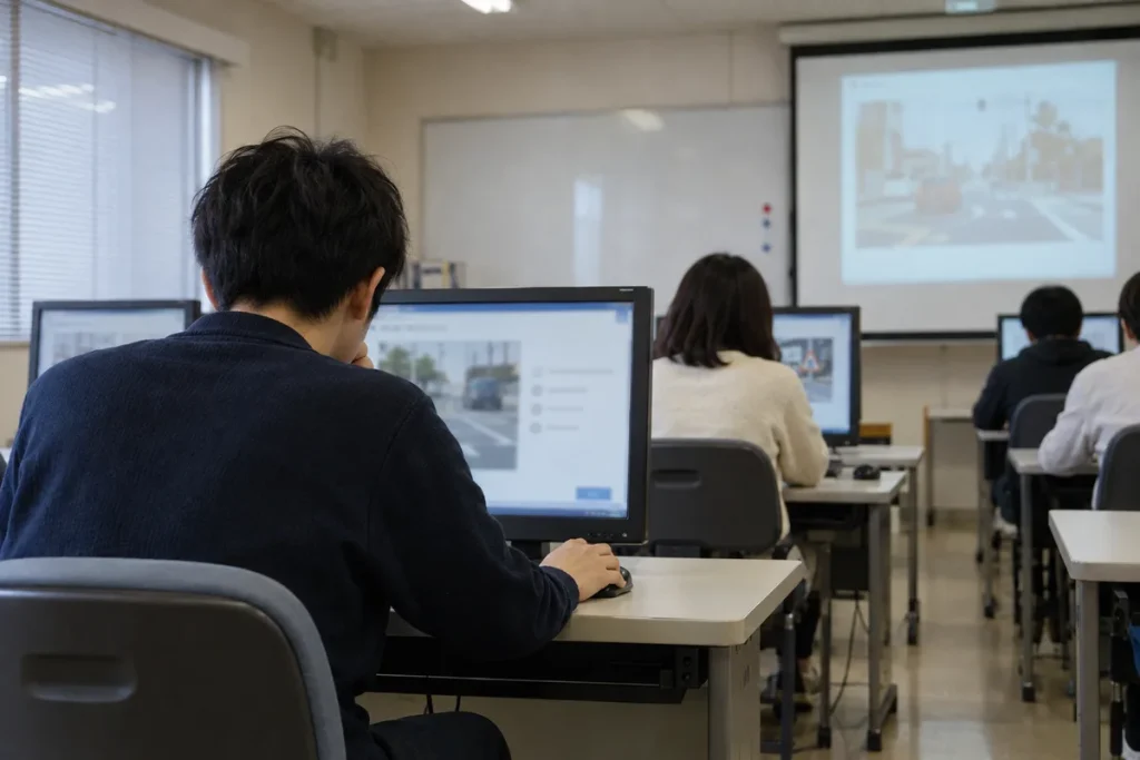 教習所の学科室で問題を解く様子