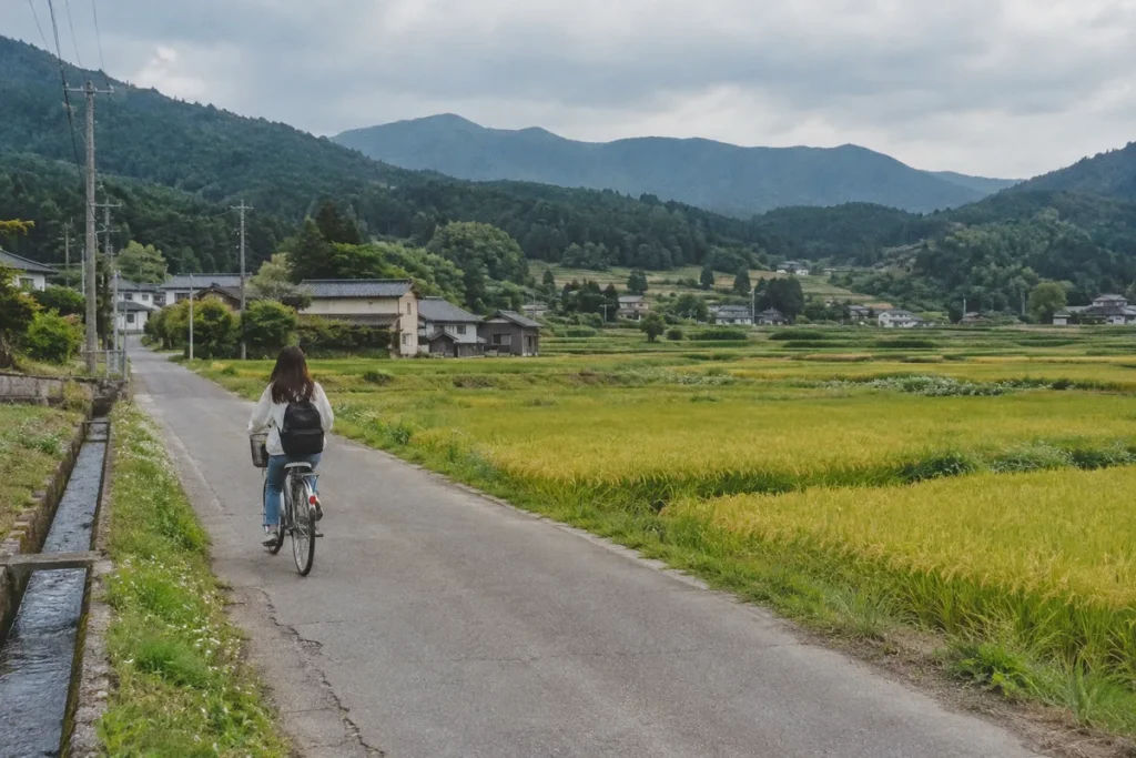 宿舎の近くを自転車で走る様子