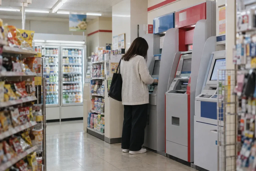 銀行ATMの前で振込の準備をする人