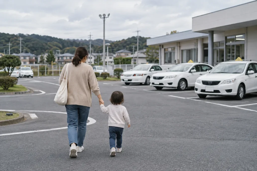 教習所の駐車場を幼い子と手をつないで歩く親子の後ろ姿