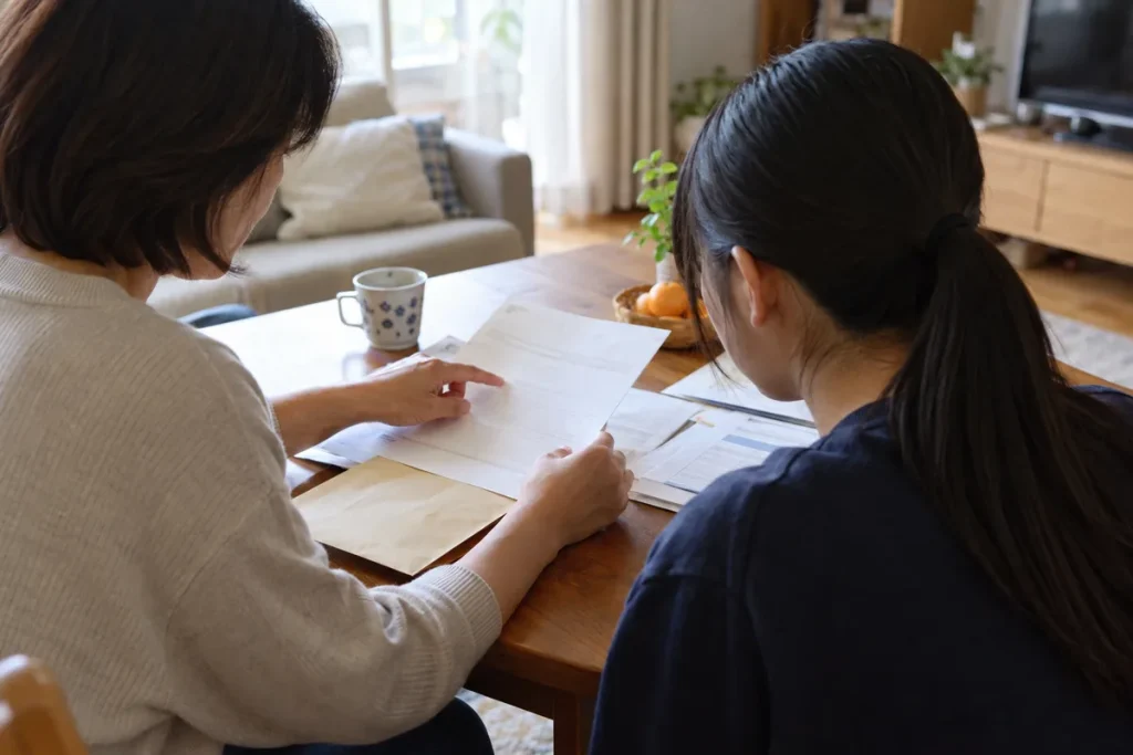 親子で合宿免許の入学申込書を確認する様子
