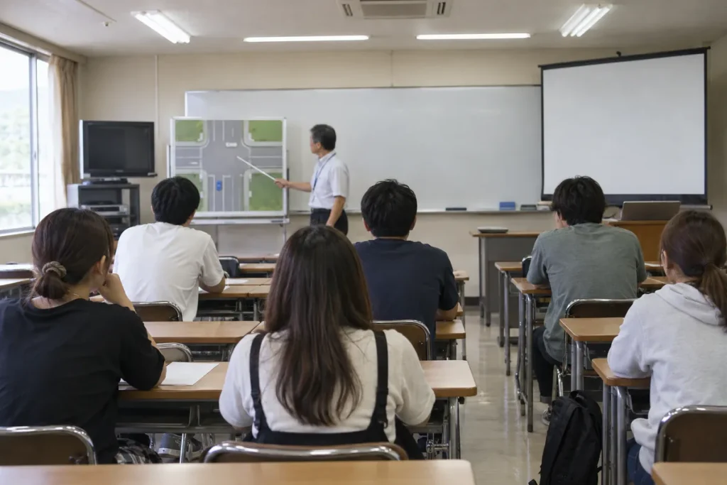 教習所の学科教室で説明を受ける受講生