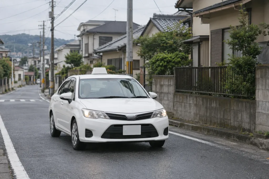 住宅街の道路を走る教習車