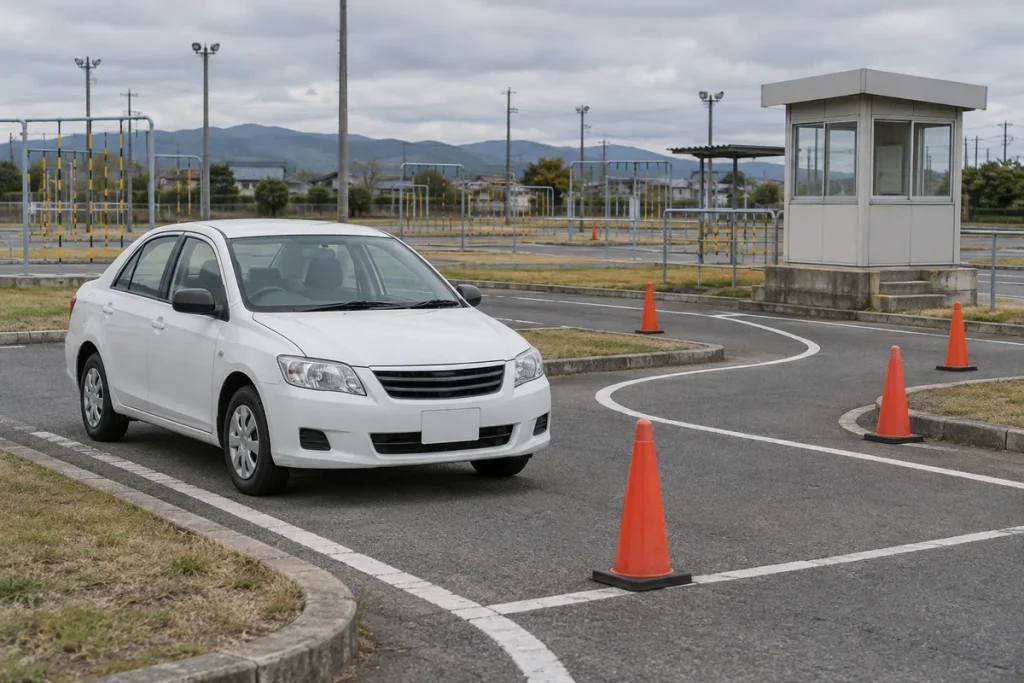 教習所のコースに並ぶ教習車とパイロン