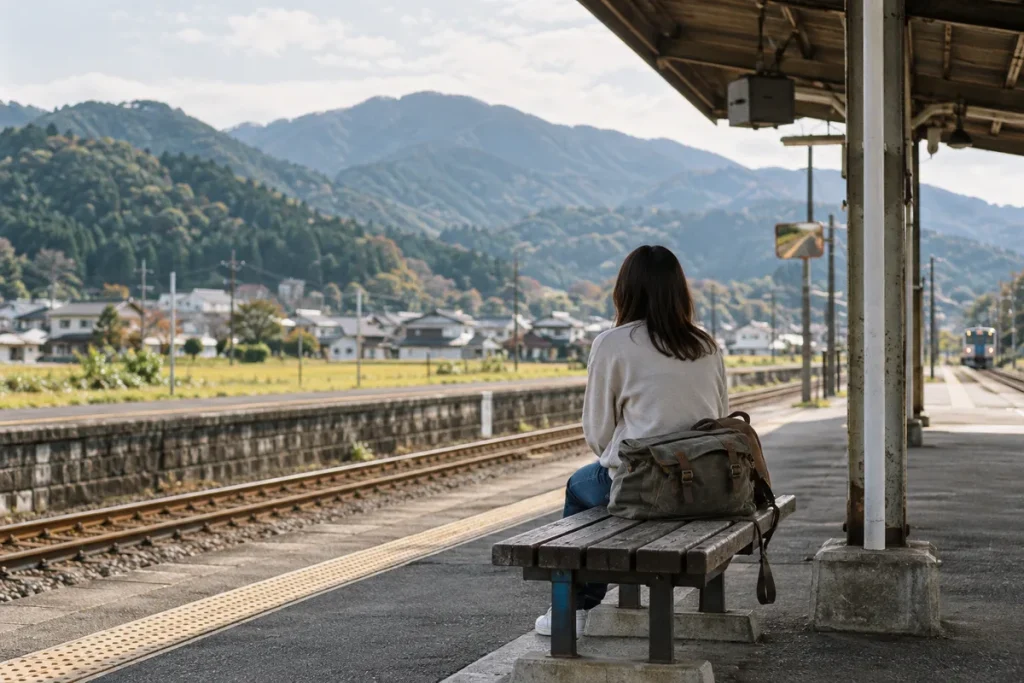 駅のホームで電車を待つ人の後ろ姿
