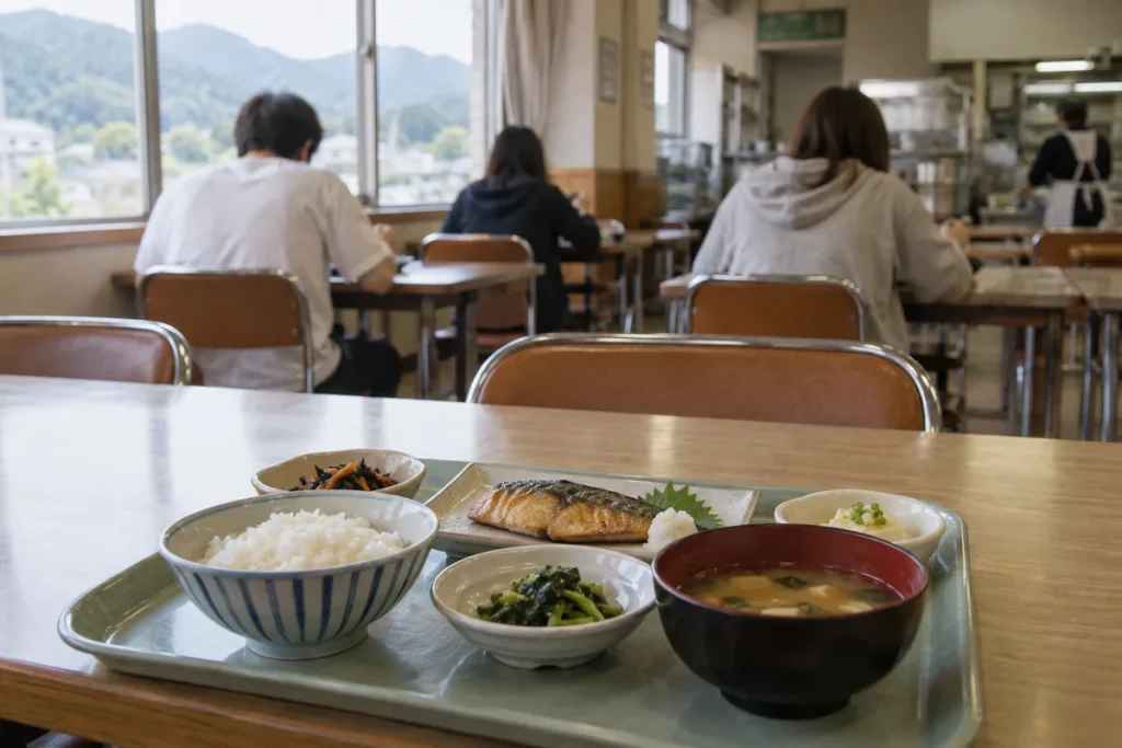 宿舎の食堂に並ぶ定食