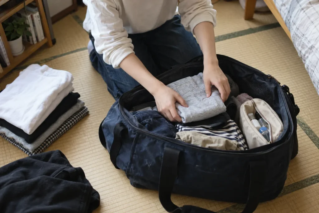 出発前にボストンバッグへ荷物を詰める様子