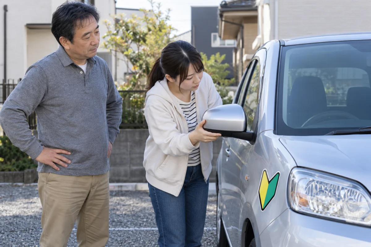 初心者マークを付けた車のミラーを調整する若いドライバーと見守る親