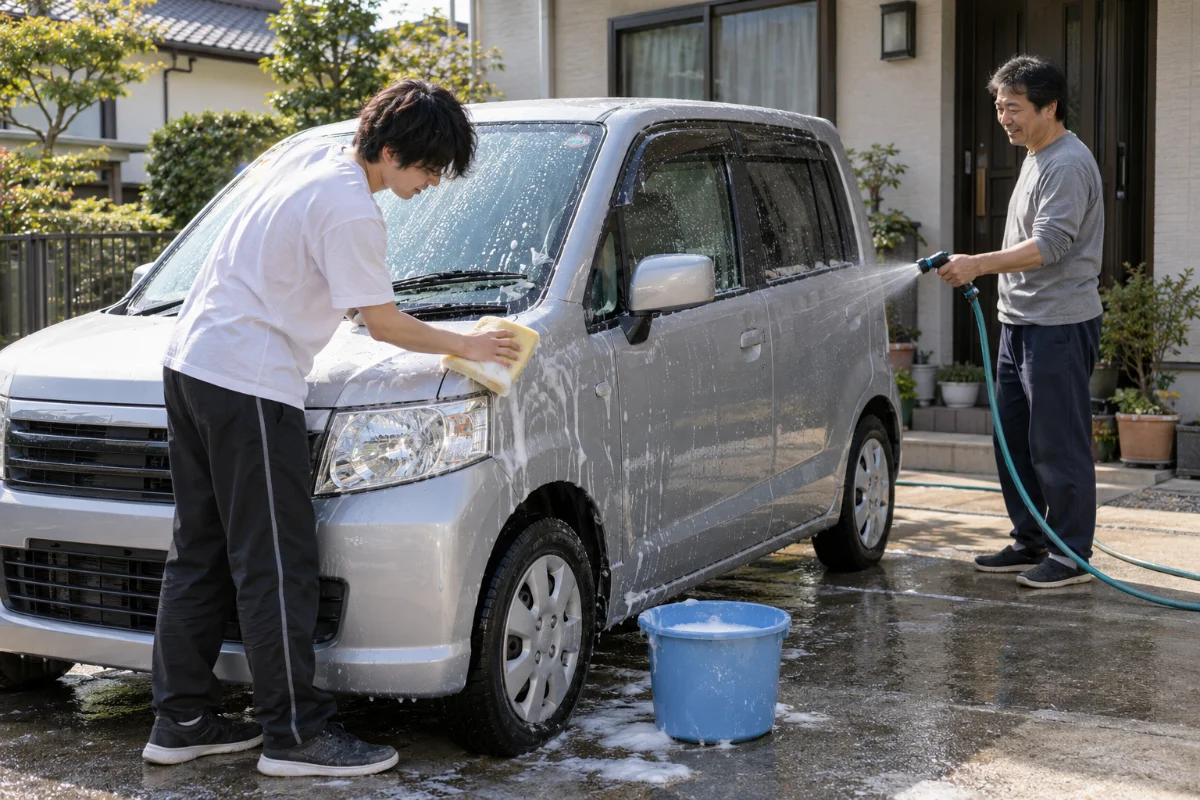 自宅前で軽自動車を洗車する若者と親