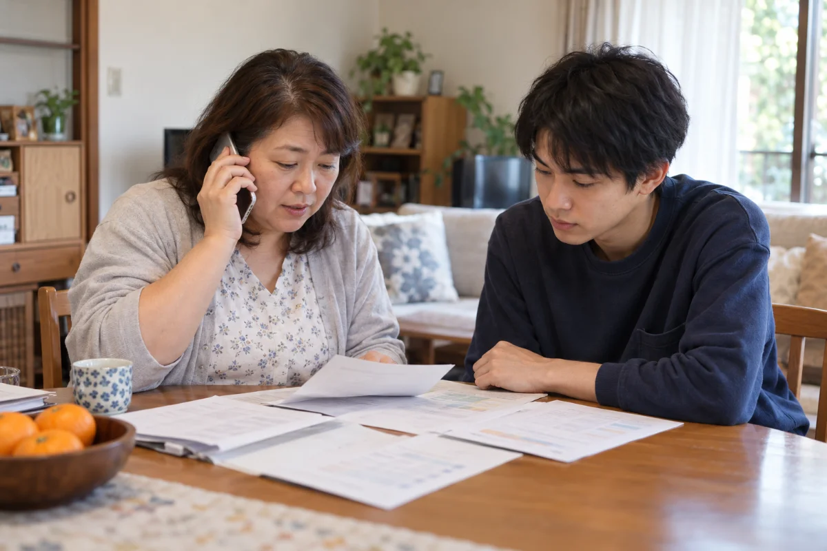 自宅のテーブルで保険の書類を見ながら電話する母親と息子