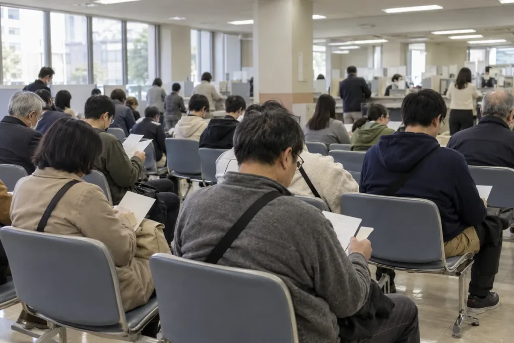 免許更新の待合スペースで順番を待つ人たち