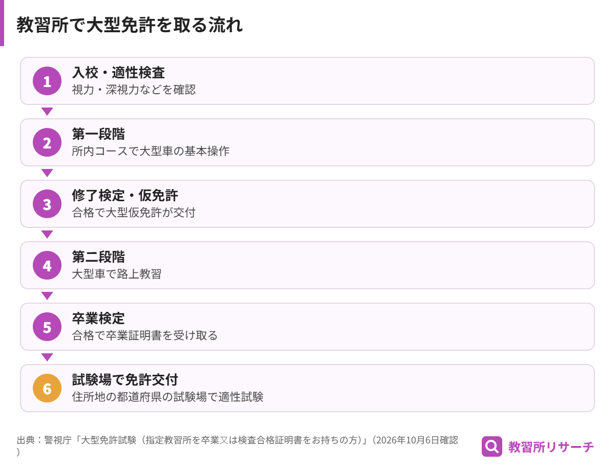 指定教習所で大型免許を取る6ステップの流れ図