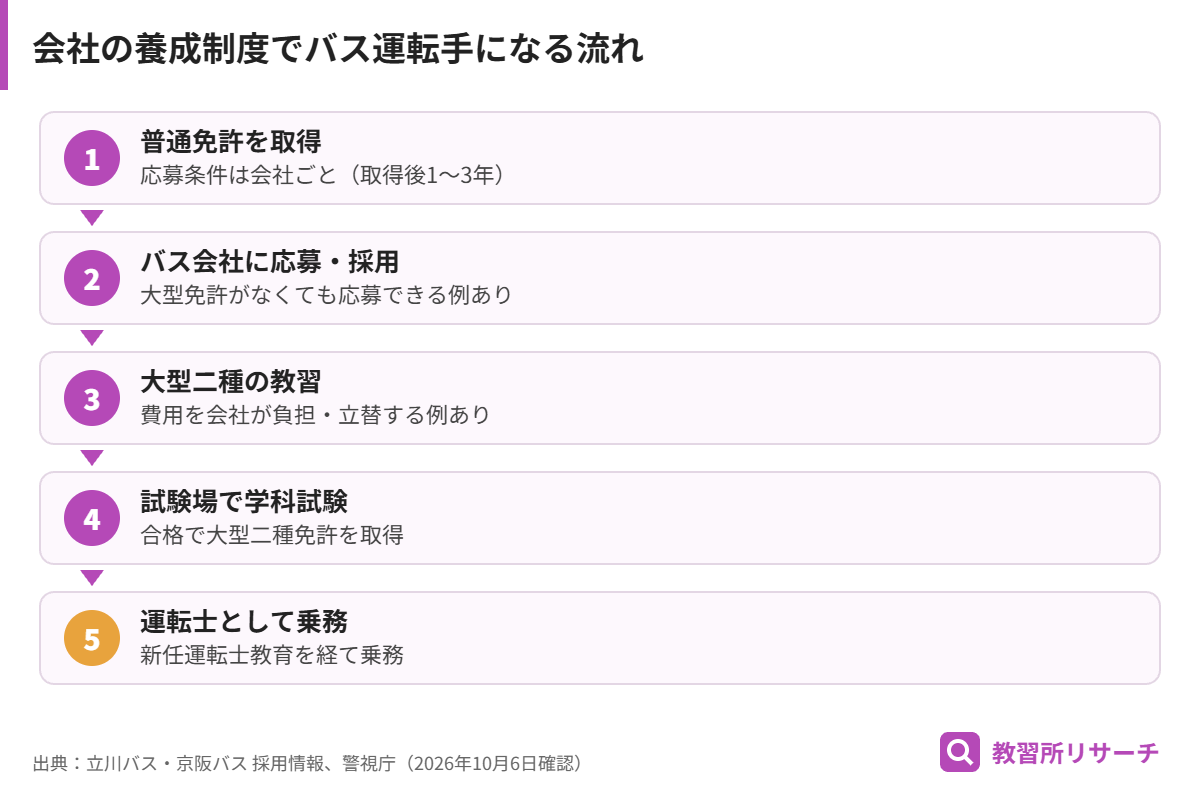 普通免許からバス会社の養成制度を使って大型二種免許を取り、バス運転士になるまでの流れ図